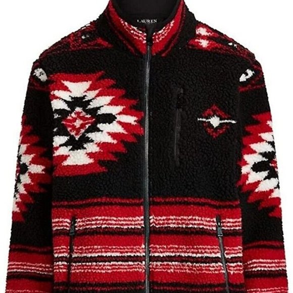 NWT Lauren Ralph Lauren Women’s Beacon Sherpa fleece jacket Black /Red Aztec